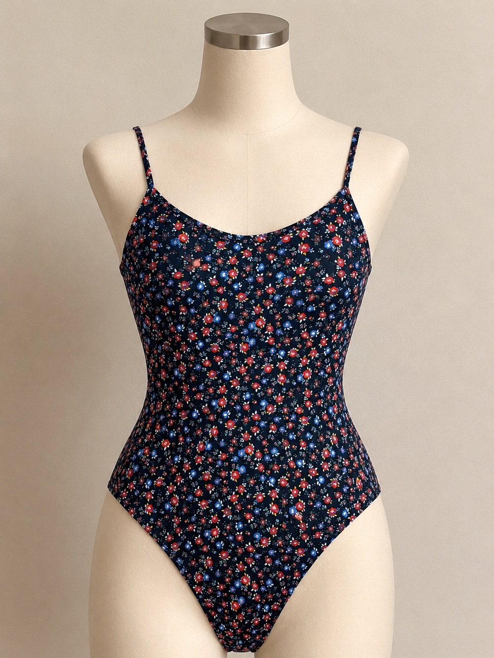 Socialite Black Floral Spaghetti-Strap Bodysuit with Red and Blue Flowers